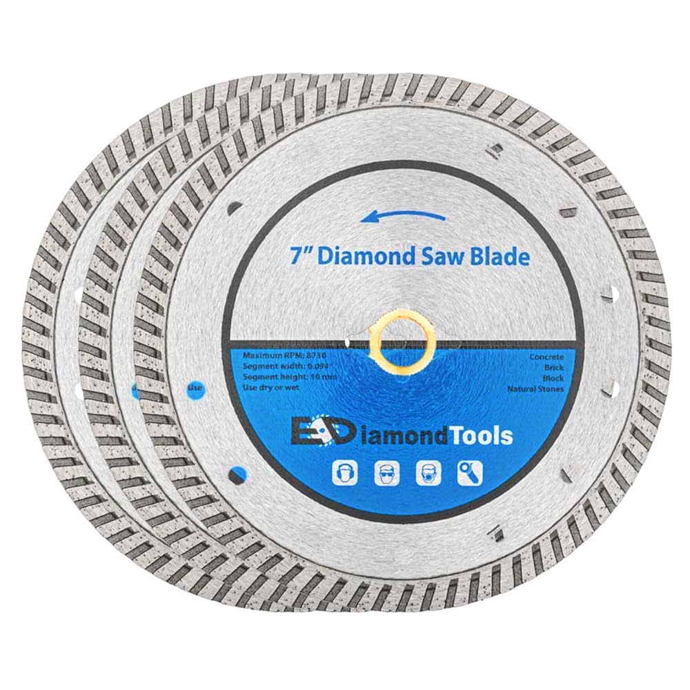 7" Turbo Diamond Saw Blade for Concrete, Brick, Block and Masonry, 10mm Segment Height, 2.5" Cutting Depth, DM 5/8" Arbor, 3-Pack