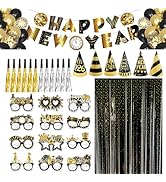 51 Pcs New Year's Eve Party Supplies 2026 - Happy New Year Banner, Balloons, Glasses and Hats wit...