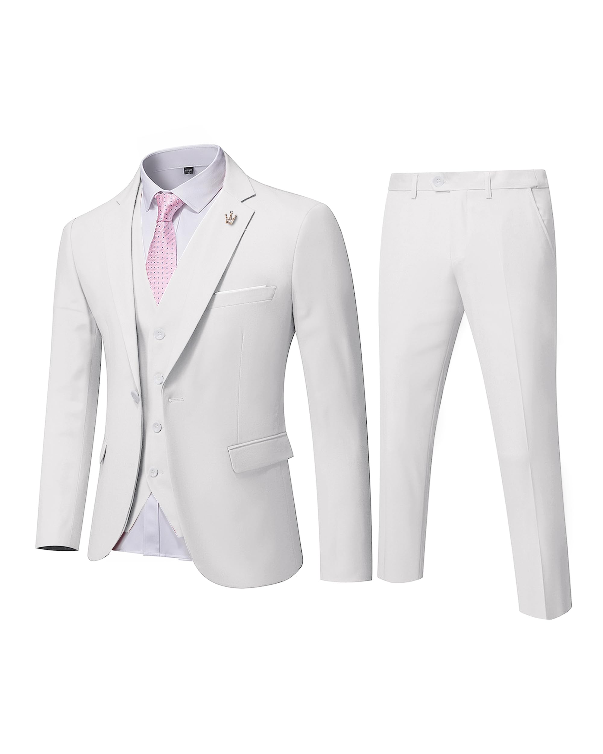 MY'S Men's 3 Piece Solid Suit Set, One Button Slim Fit Jacket Vest Pants with Tie