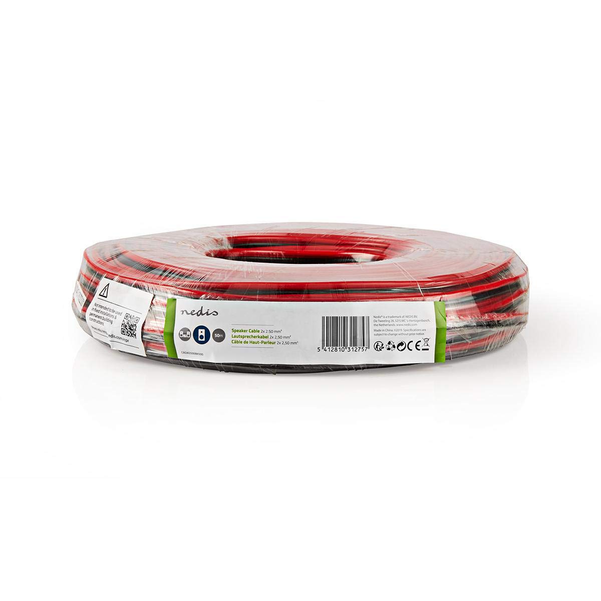 NEDIS - Câble haut-parleur - 2 x 2,50 mm² - CCA - 100 m - Rond - Enroulé - PVC - Noir/Rouge