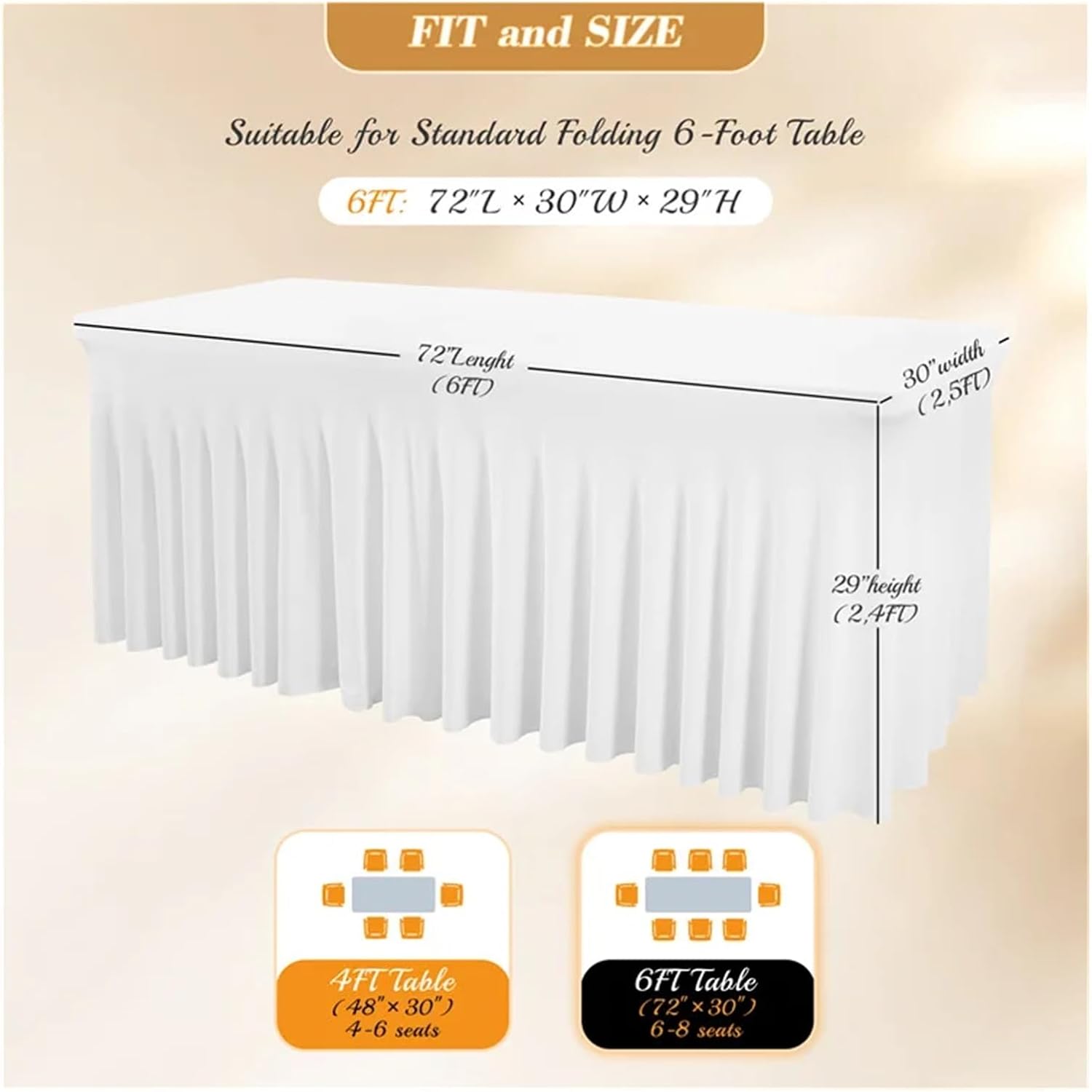 Table Skirt Cross-border Tablecloth Cover Hotel Conference Room Office Rectangle 180g Heavy Milk Silk Elastic(White,6FT 183x76x76cm)