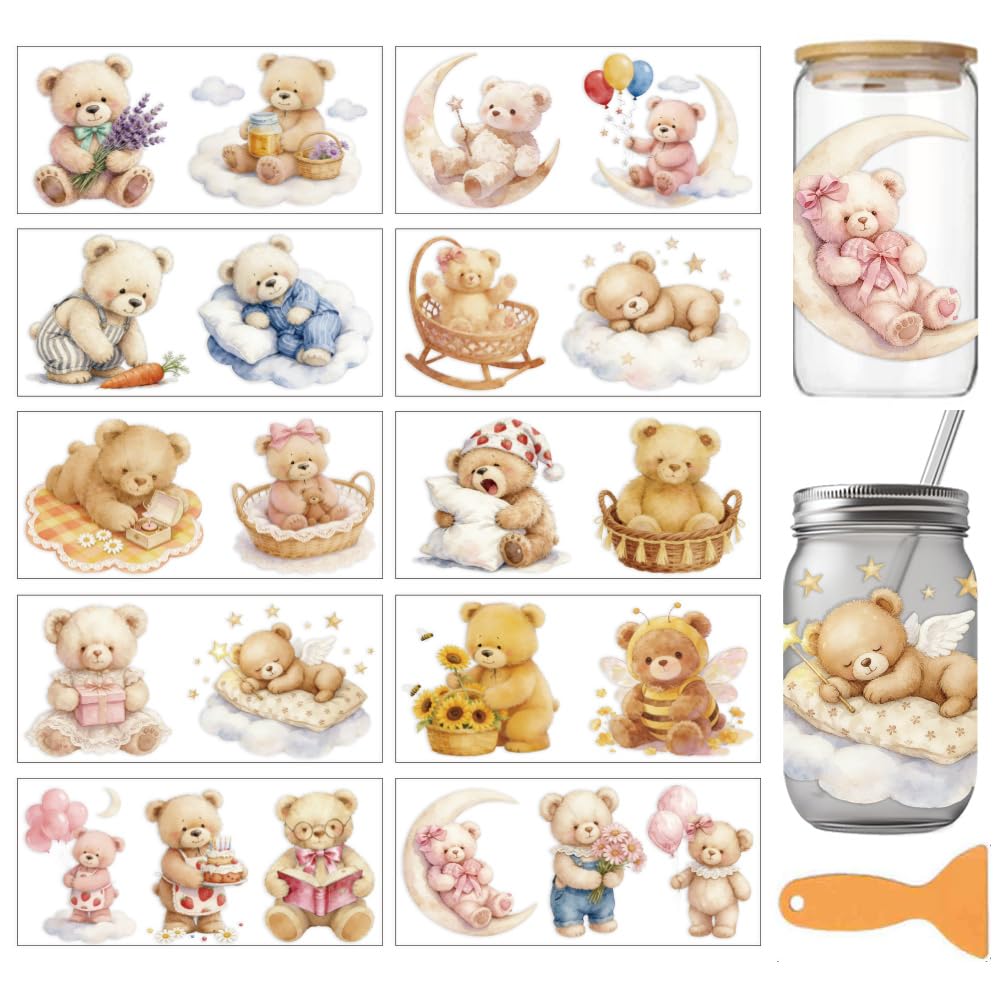 arricraft 10 Sheets Teddy Bear Theme UV DTF Cup Wrap for 16OZ Glass, Cute Bear Rub on Decals PVC Transfer Stickers for DIY Cups Window Home Printing Decoration 24x11cm/9.4x4.3inch