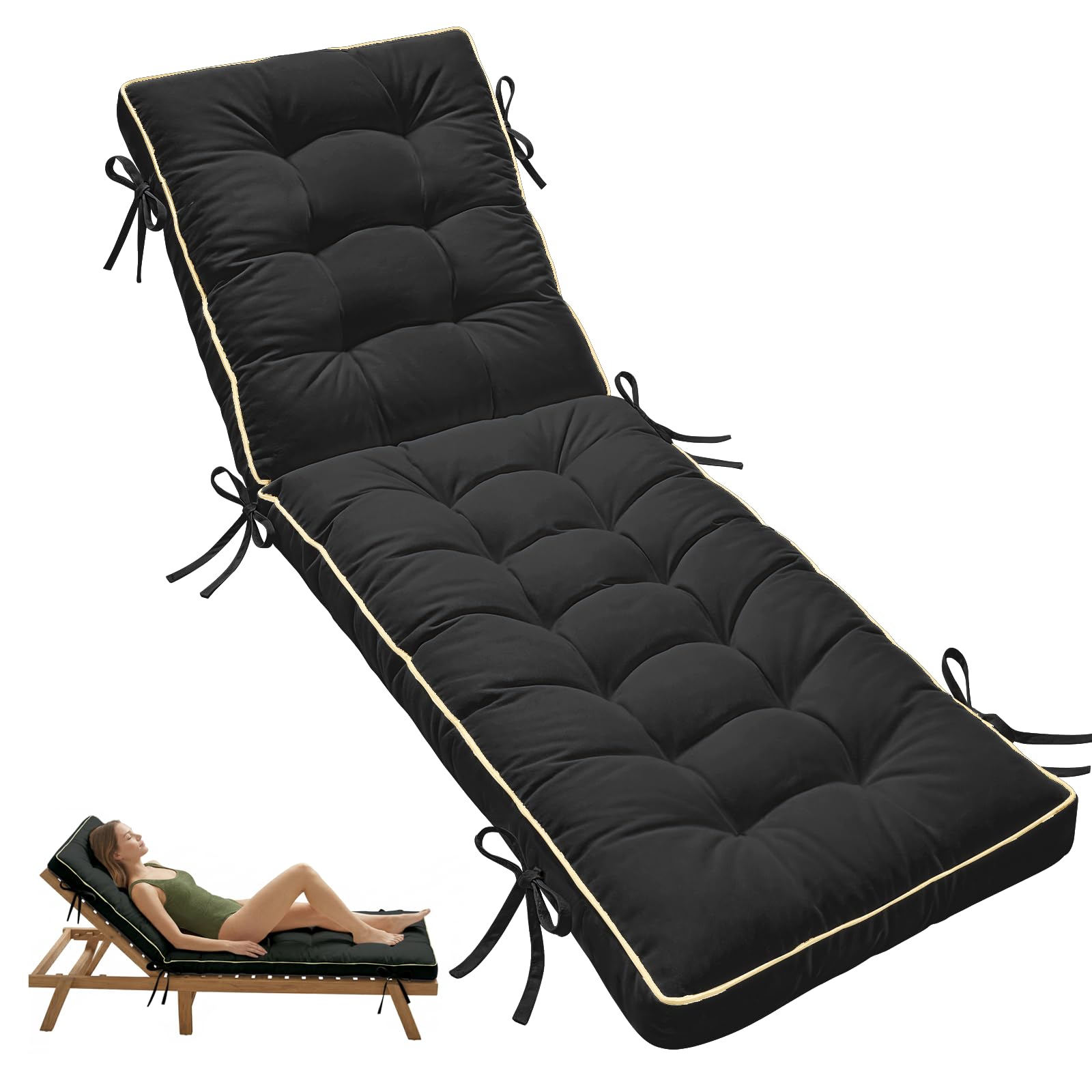 AS AWESLING 2-Fold Sunbed Cushion Quick Dry - Outdoor Sun Lounger Seat Pad with Shredded Memory Foam for Garden Sunbeds, Poolside, Patio Furniture (BLACK, 203cm x 66cm)