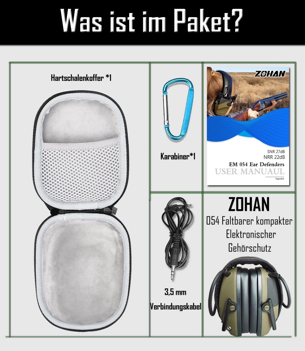 ZOHAN 054 Cuffie Poligono Elettroniche per Tiro Al Piattello, 27dB SNR Riduzione Del Rumore, Amplificazione Del Suono per La Caccia, Protezione dell'Udito Regolabile per Adulti