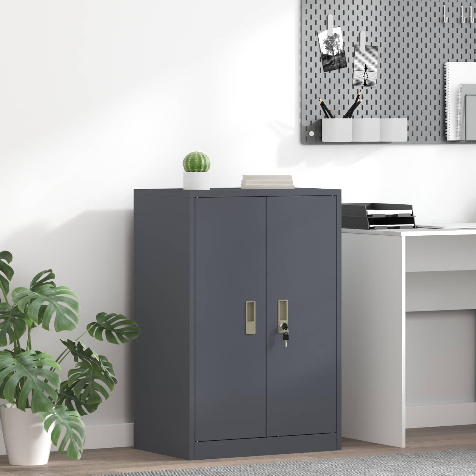 Armadio Portaoggetti Antracite in Acciaio 60x40x90 cm con ante chiudibili, spazio per documenti e raccoglitori, compatibile per ufficio, home office e studio