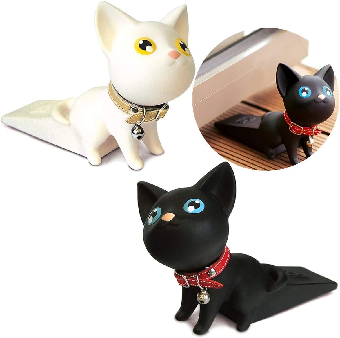 Door Stopper - Cute Cat Door Wedge Children Door Protector - Safety Doorstop Non-Slip Non-Scratching Works on All Floor Surfaces (Black and White)