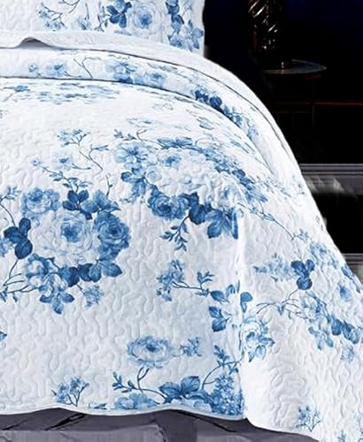 OZMIC Patchwork Bedspread Cotton Filling Box Pattern Reversible Quilted Throw For Bedroom Decor - Warm Quilt Coverlets Blankets Single Bed Bedspread with Pillow Case - Vintage Floral Blue - Cosy Home Interiors OZMIC Patchwork Bedspread Cotton Filling Box Pattern Reversible Quilted Throw For Bedroom Decor - Warm Quilt Coverlets Blankets Single Bed Bedspread with Pillow Case - Vintage Floral Blue - Image 3