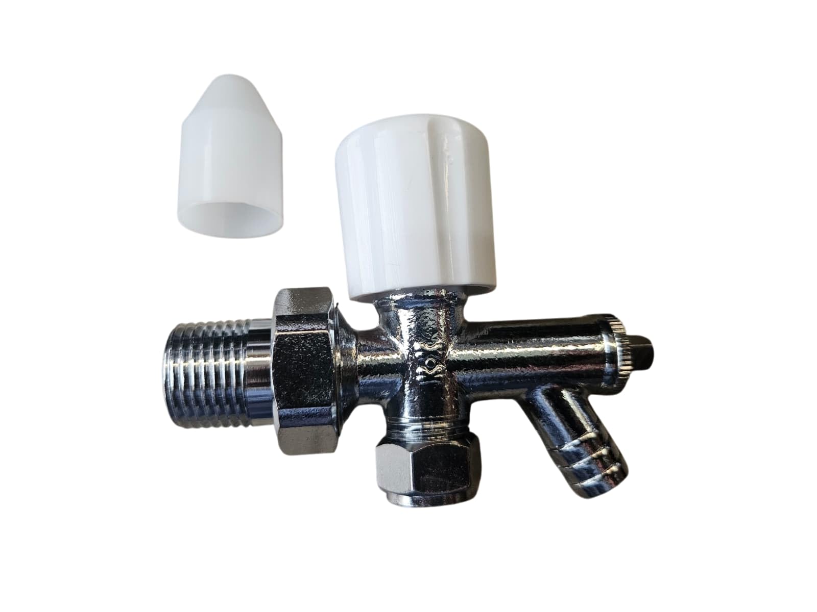 Optima Angled Wheelhead Radiator Valve with Drain Off, 10mm, Chrome Finish, White Caps