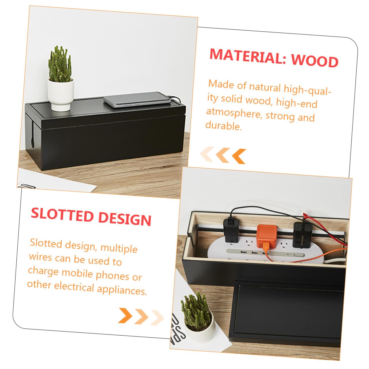 Zerodeko Boîte de Rangement pour Câbles en Bois Massif Noir, Grand Format, Gestionnaire de Ligne Électrique pour Organisation Maison et Bureau, Compatible Multiprises et Chargeurs,