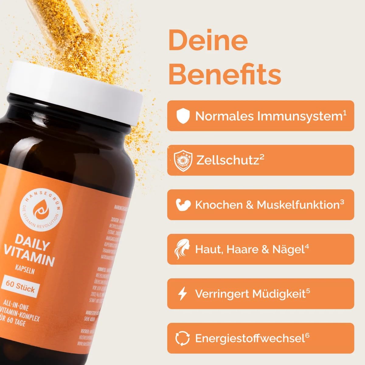 Hansegrün - 3x Daily Multivitamin Kapseln - 60 Kapseln - Trägt zu einem normalen Immunsystem¹, Zellschutz², Knochen & Muskeln³, Haut & Haare⁴, Energiestoffwechsel⁶ bei - ohne künstliche Zusatzstoffe