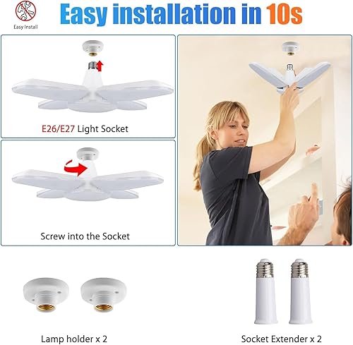 Miniatura 2 de Yiliaw Luz LED de garaje, paquete de 2 luces LED de 60 W con 4 paneles ajustables, bombillas de garaje atornillables 6500K 8000LM luz diurna