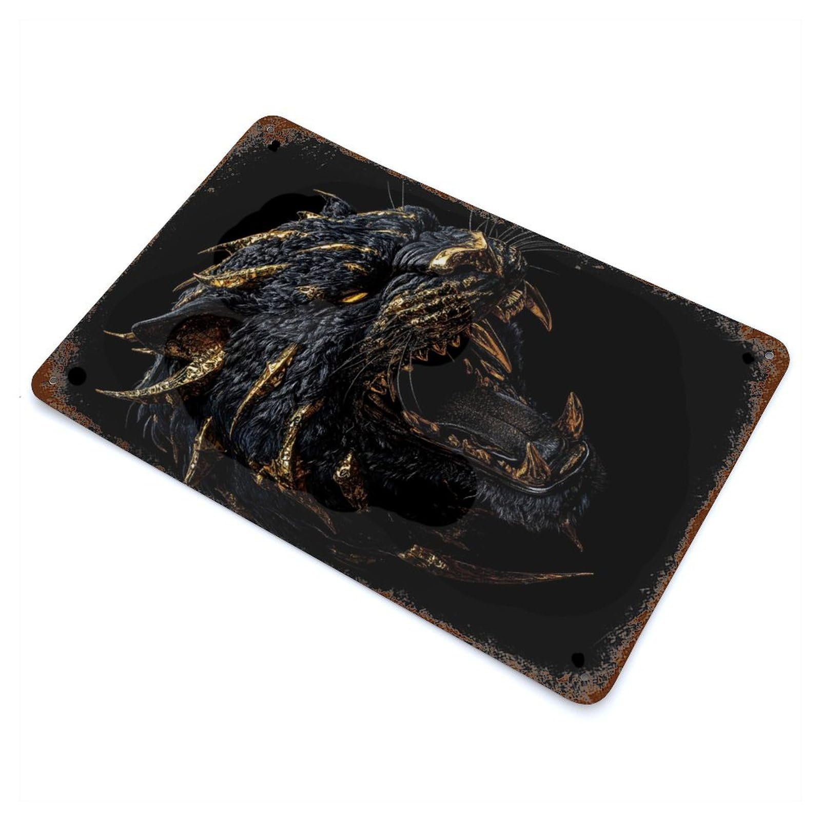 Weathered Tin Sign Golden Fanged Panther 11.8"x7.9", Rustic Home Decor for Bistro, Counter And Cafe Decor