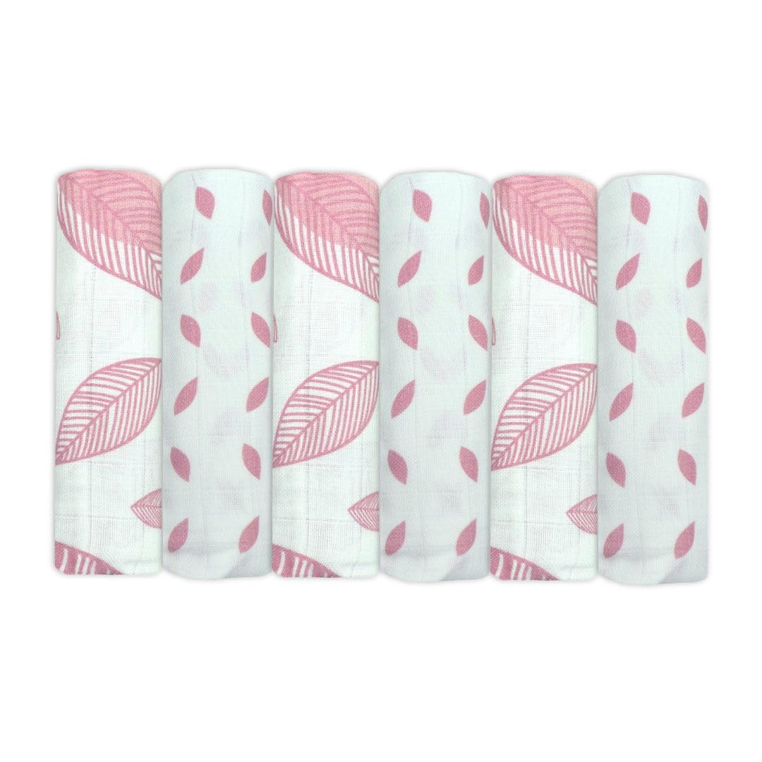 Muslinz Pink Leaf 6Pk Luxury Bamboo-Organic Cotton Mix Muslin Squares 70X70cms - Soft Newborn Burp Cloths (Pink Leaf)