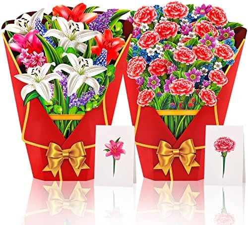 Milolo 3D Pop-Up Greeting Card,2Pcs 13 Inch Forever Lilies and Carnations Flower Bouquet, with Note Card and Envelope and Gift bags,Birthday Card for Mom Gifts for Women