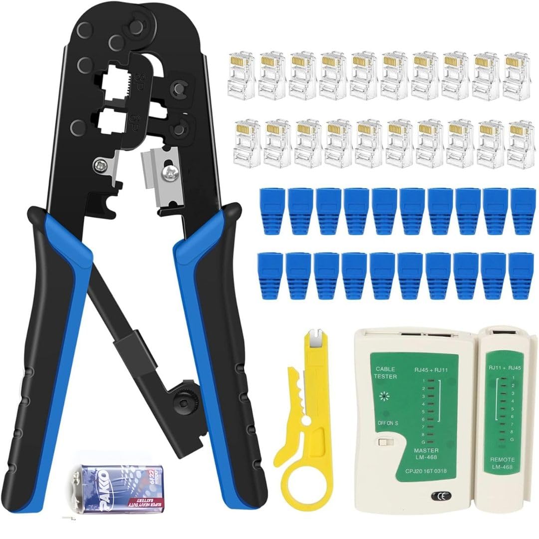 COOLCOLD RJ45 Crimping Tool Kit Ethernet Crimp Set, RJ-11, 6P/RJ-12, 8P/RJ-45 Crimp, Cut and Strip with 20PCS CAT5 CAT5e Connectors, Covers,1 Network Cable Tester 1 Wire Stripper (Tools) (B0CMDBW8QP) Amazon Price History, Amazon Price Tracker
