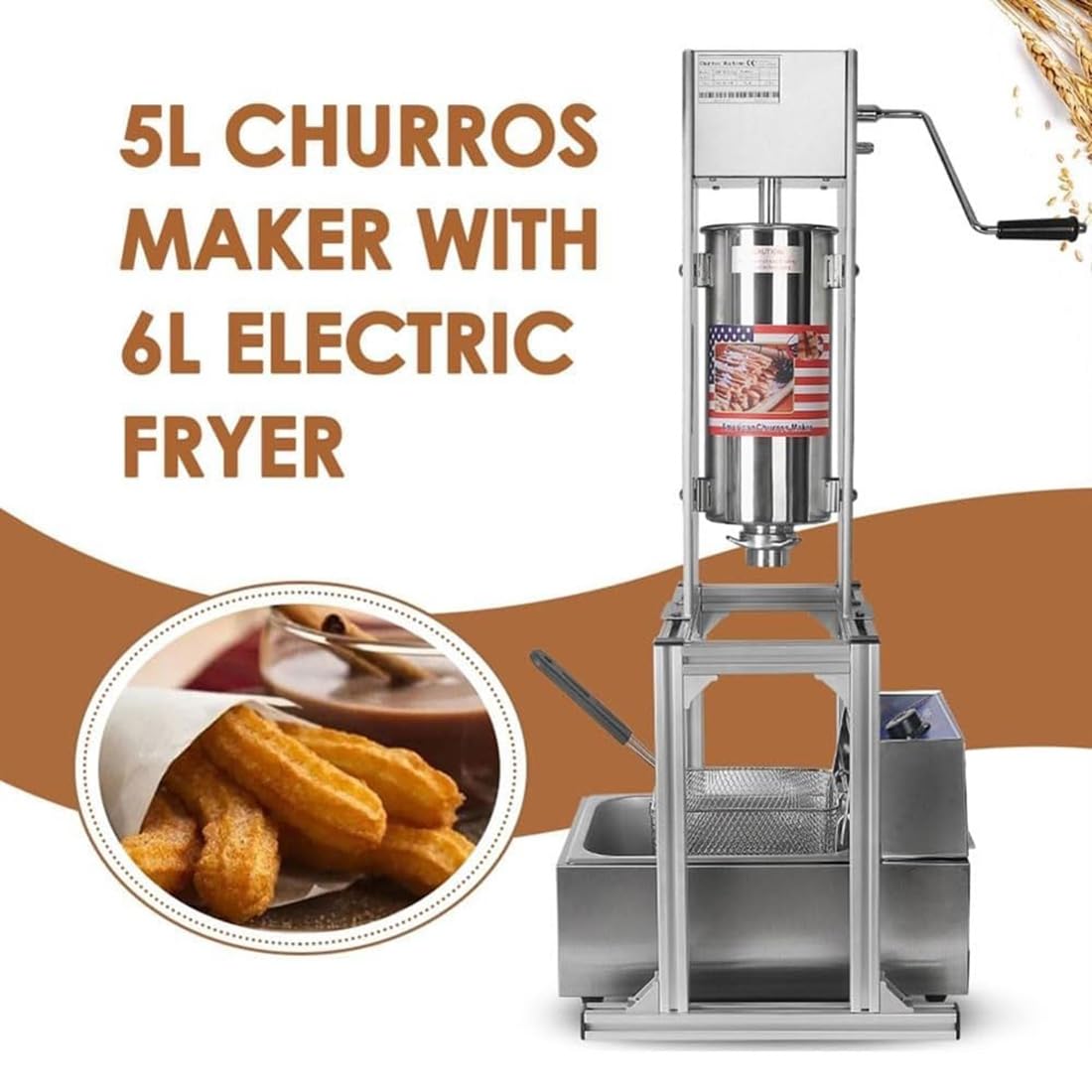 Macchina per Churros spagnoli con 5 stampi, Macchina Verticale per Churros spagnoli in Acciaio Inox da 5 Litri, con friggitrice elettrica da 6 Litri e Supporto.,