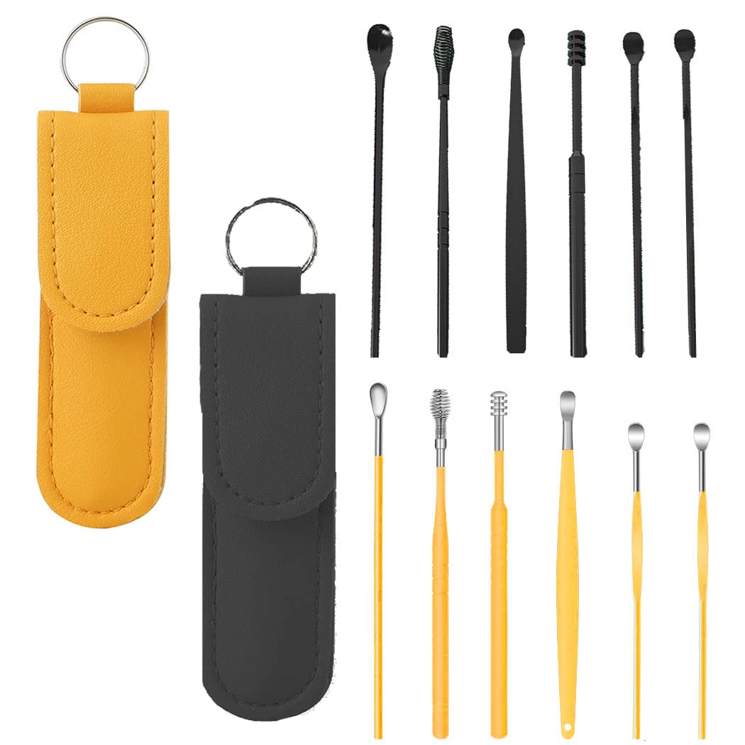 REVHQEar Wax Removal Kit, 6-in-1 Ear Pick Tools Reusable Ear Cleaner Reusable Ear Cleaner Ear Wax Removal Tool Stainless Steel Ear Wax Remover with Storage Box(1 Black and 1 Yellow)