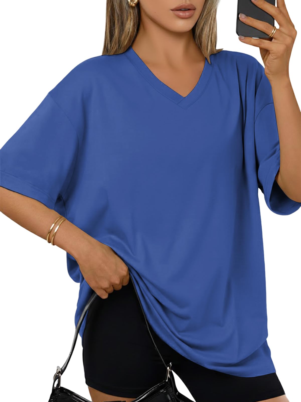 Cuptacc Tshirt Damen V Ausschnitt Oversized Oberteile Basic Locker Kurzarm Tunika Damen Sommer Lang Shirt Mit Schlitz Einfarbig Top