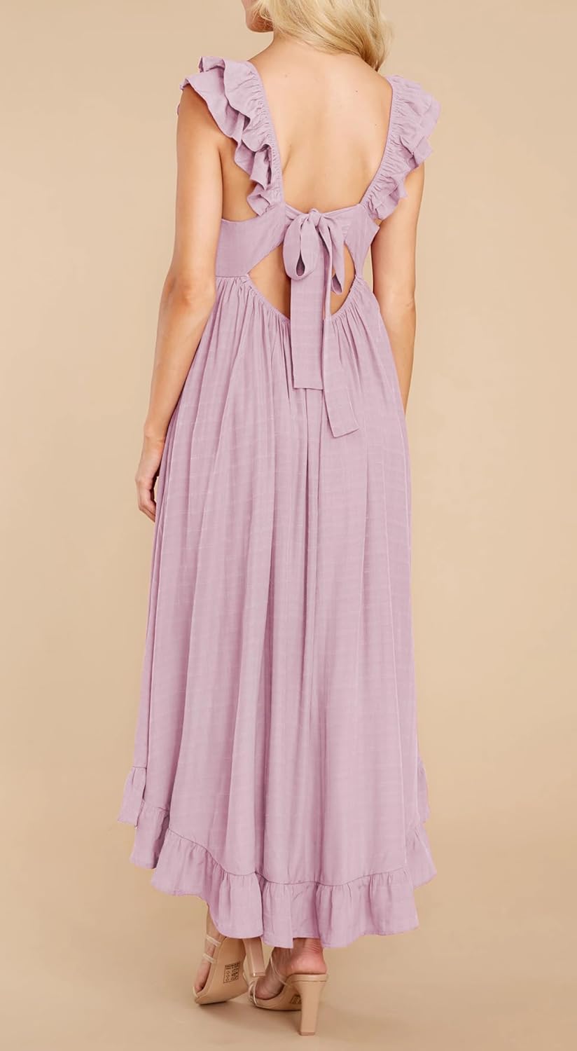R.Vivimos Summer Dress for Women Sleeveless Boho Ruffle Square Neck Tie Back Casual Backless Flowy Midi Dress - Image 5