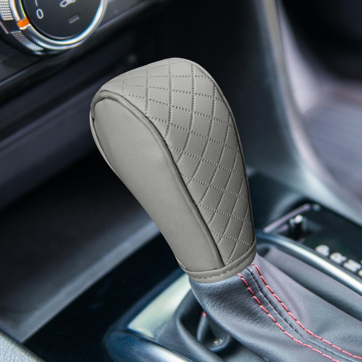 Leather Car Gear Shift Cover, Anti-Slip Dust Waterproof Gear Shifter Stick Protector, Soft Breathable Universal Automotive Shift Knob Decoration Accessories, Fit Car, SUV, Truck (Grey)