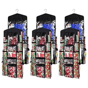 Windyun 3 Pcs Wrapping Paper Organizer Hanging Gift Wrap Storage Christmas Double Sided Gift Bag Storage Organizer with Front and Back Pockets Clear PVC Bag Containers for Gift, Bows, Black