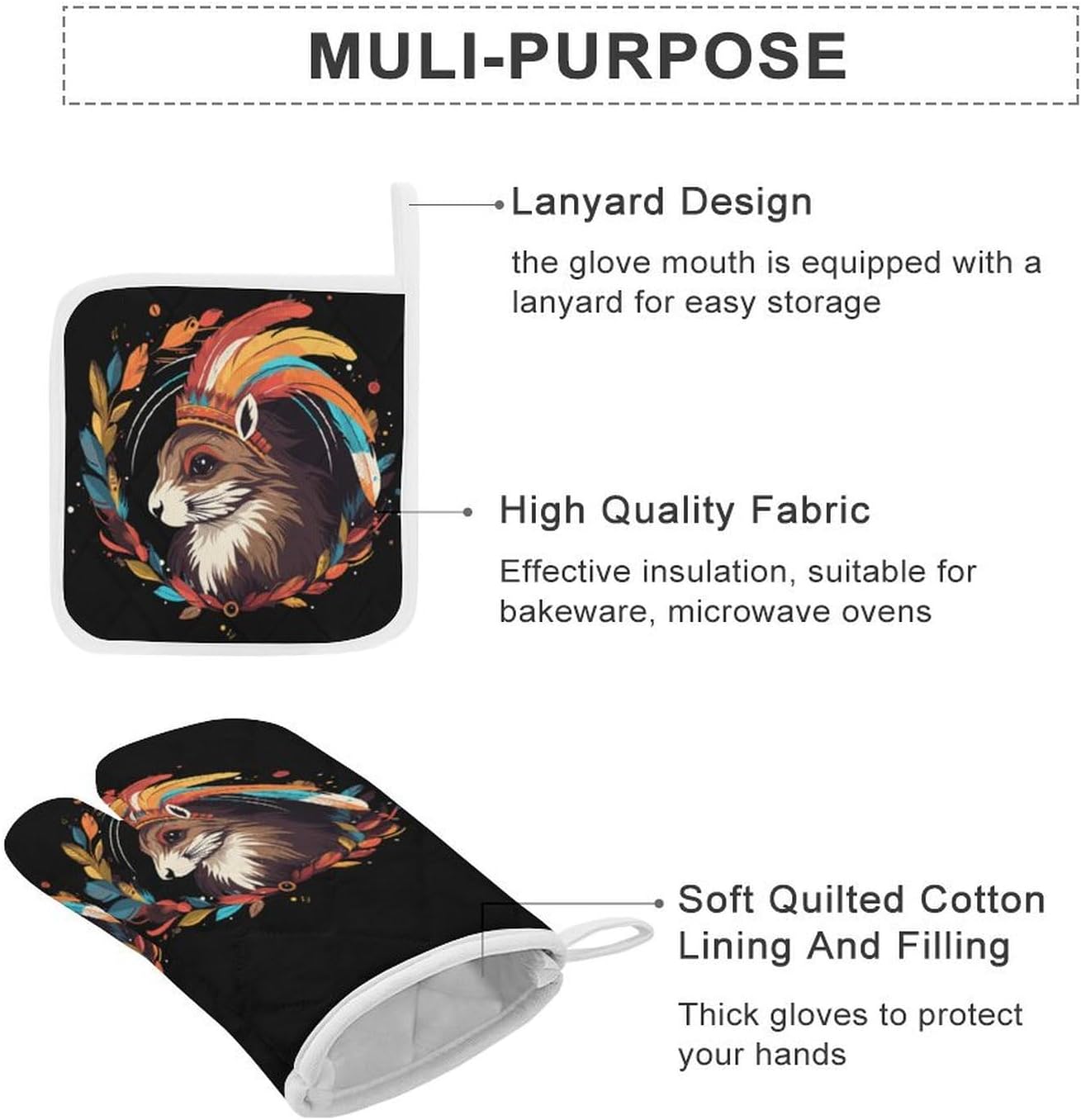 Watercolor Squirrel 4 Pcs Oven Mitts and Pot Holders Set High Heat Resistant Long Kitchen Oven Glove Potholders