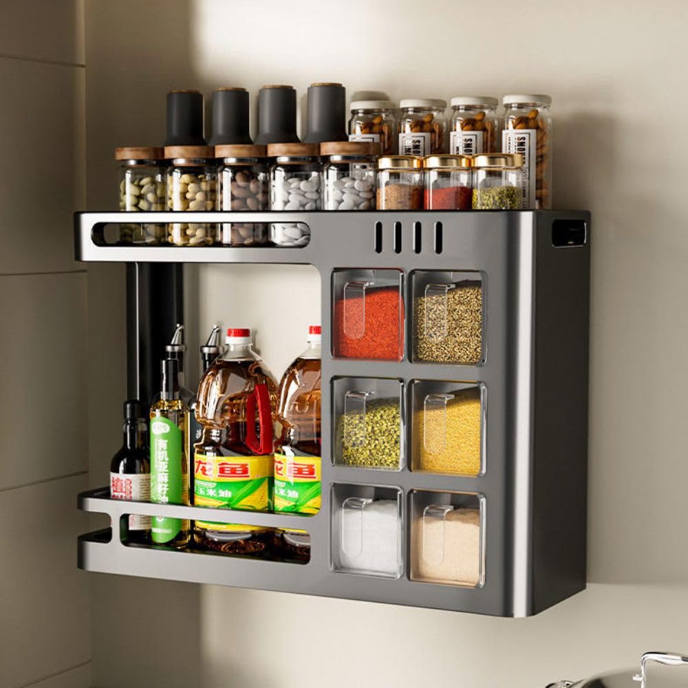 KANUPRIYA No Drill Metal Double Tier Modern Kitchen Spice Rack Multifunctional Wall Mounted Home Use Seasoning Storage Box (Big)-image-34