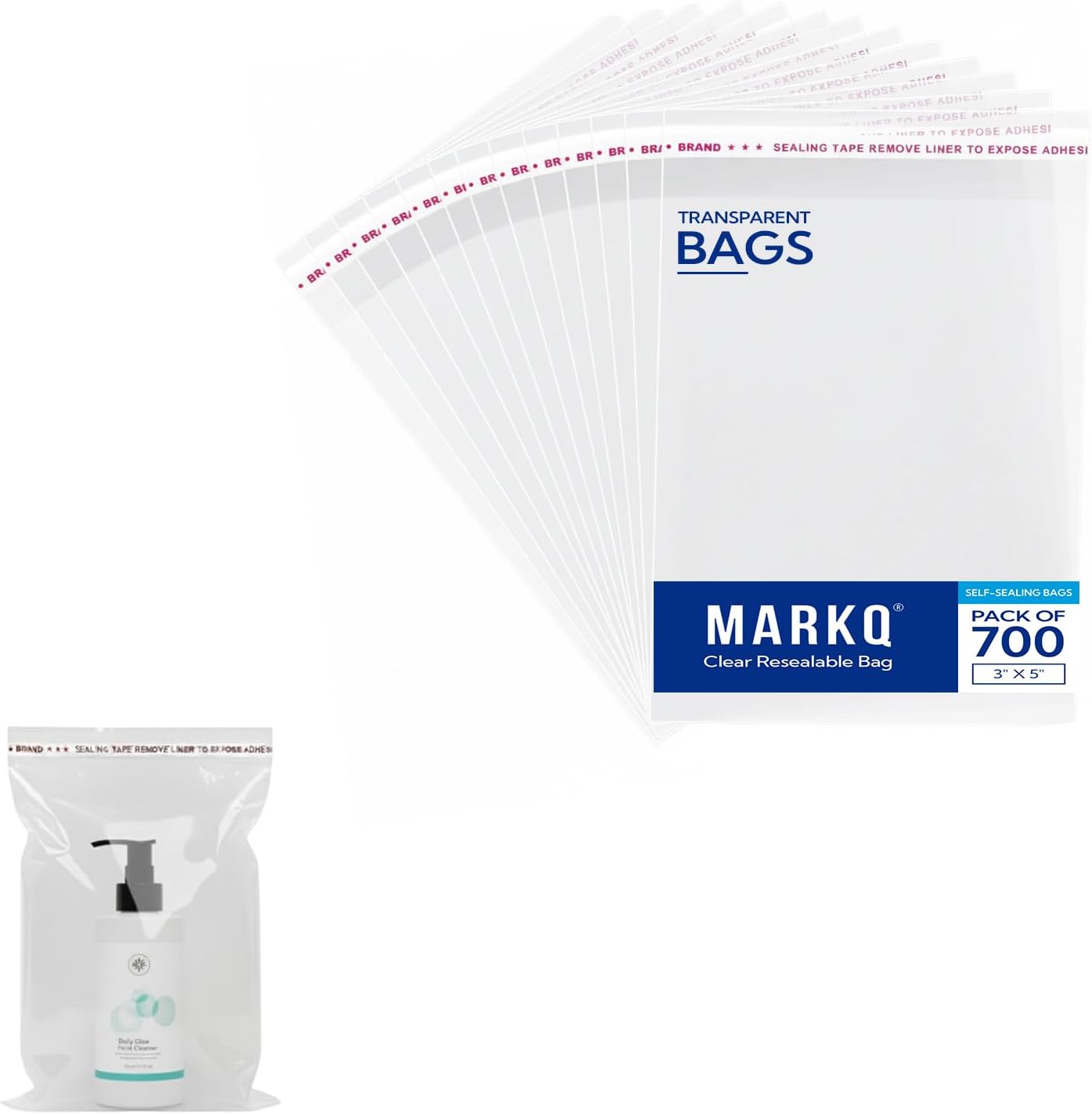 MARKQ [700 Pieces] Clear Resealable Cellophane Bags 3 x 5 inches | Self-Sealing Poly Bags for Candy, Cookies, Samples, Jewelry, and Birthday Party Favors | Cellophane Treat Bags