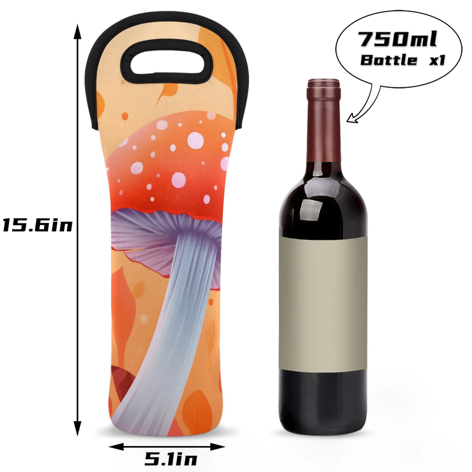 Neoprene Wine Tote Carrier Bag for Wine,Water, Champagne, Beer, Baby Bottles 15.6 x 5.1 Inches, Protective Wine Bag,Cartoon Mushroom