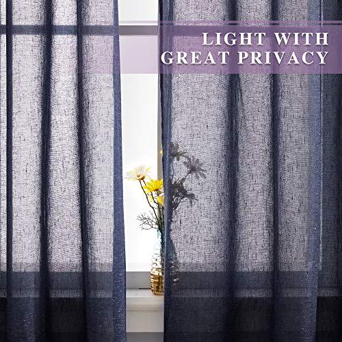 NICETOWN Linen Sheer Curtains for Bedroom Window, Grommet Semi Sheer Linen Curtain Panels Vintage Natural Wave Privacy Flax Draperies for Hall/Villa, Navy Blue, W52 x L84, Set of 2