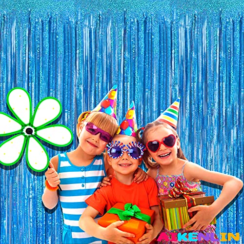 Image of 4 Pack 3.2Ft x 8.2Ft Lake Blue Foil Fringe Curtain Backdrop, Metallic Tinsel Foil Fringe Streamers Curtains Background for Photo Booth, Birthday, Wedding, Disco, Bachelorette, Christmas Party Decor