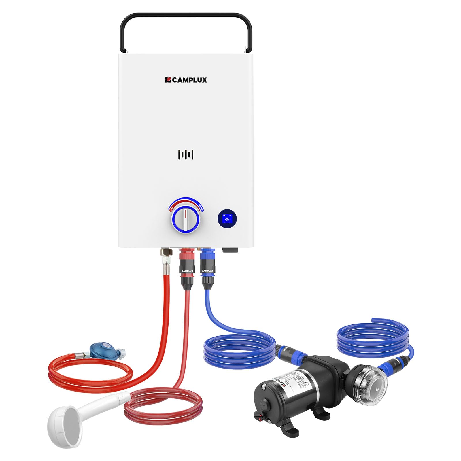 CAMPLUX First 10 L/M Calentador de Agua a Gas con Bomba de Agua & Mango, GPL (50mbar), para Ducha al Aire Libre/Camping/RVs, F10 Pro-DE