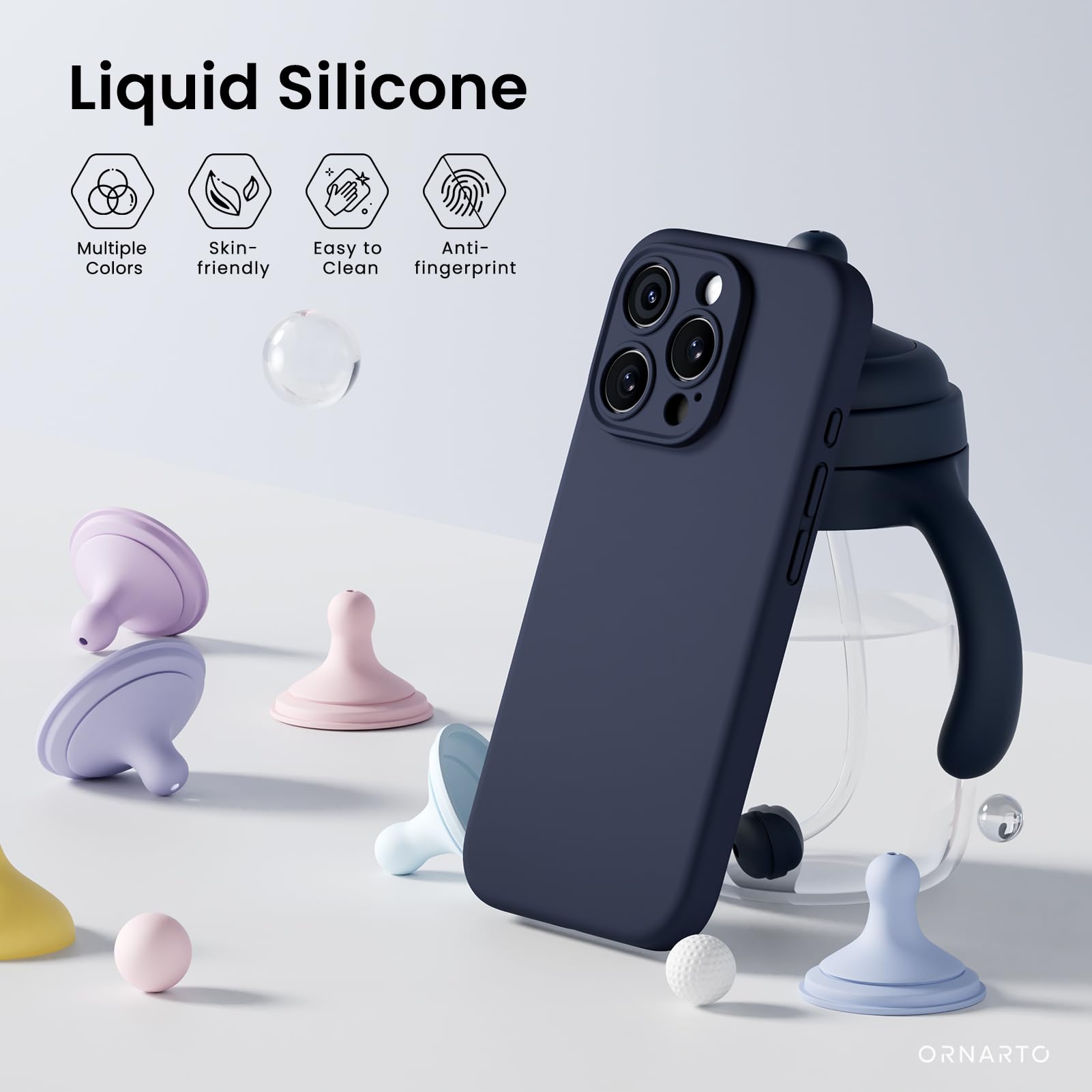 ORNARTO Cover per iPhone 16 Pro Silicone 6.3 Pollici, con 2 Pellicola Vetro Temperato, Morbido Silicone Liquido Protezione, Antiurto Ultra-Sottile Protezione Custodia iPhone 16 Pro-Deep Blu