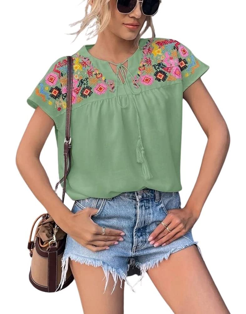 chouyatou Women's Boho Cap Sleeve Floral Embroidered Mexican Shirt Pullover Summer Top
