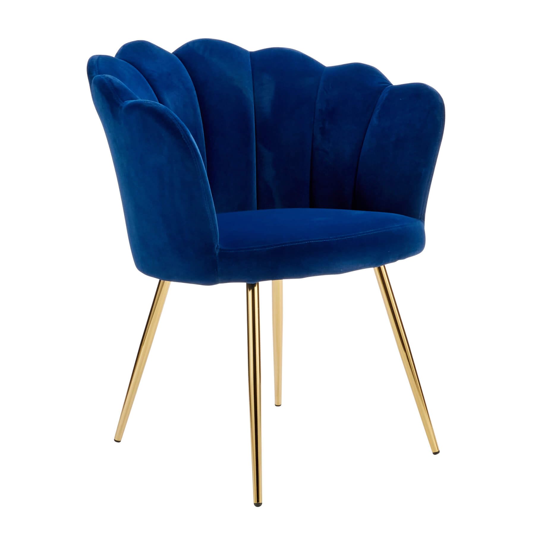 Home Source Velvet Scallop Shell Chair Wing Back Armchair Occasional Sofa, Blue, Gold Legs