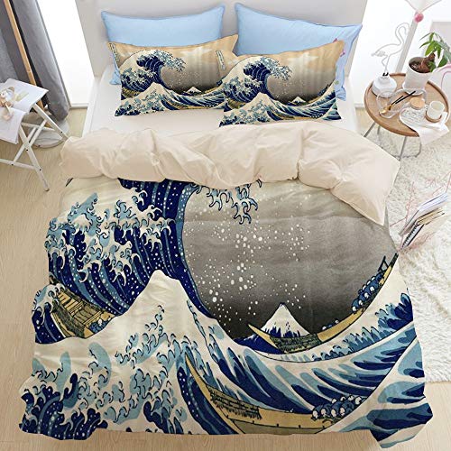 ELIENONO de lit 3 pièces avec Housse de Couette,Microfibre,La Grande Vague Japonaise Hokusai peignant sous Une Vague au Large de Kanagawa,1 Housses de Couettes 2 Taies d'oreillers,200 * 200cm Cover