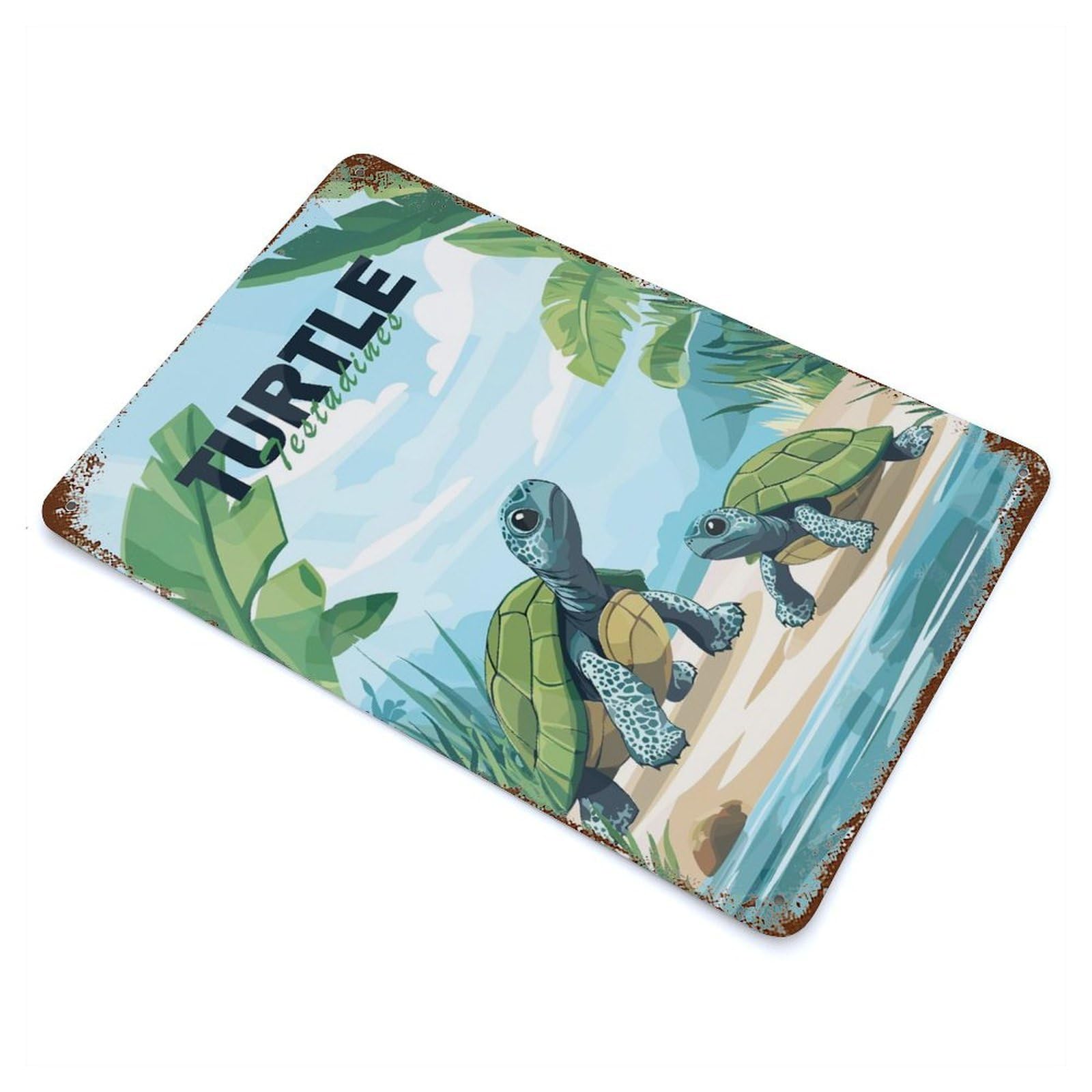 Rusty Metal Tin Sign with Two Turtles on A Beach Design 11.8"x7.9", for Shed, Workshop And Garage Wall Decor, Classic Wall Plaque
