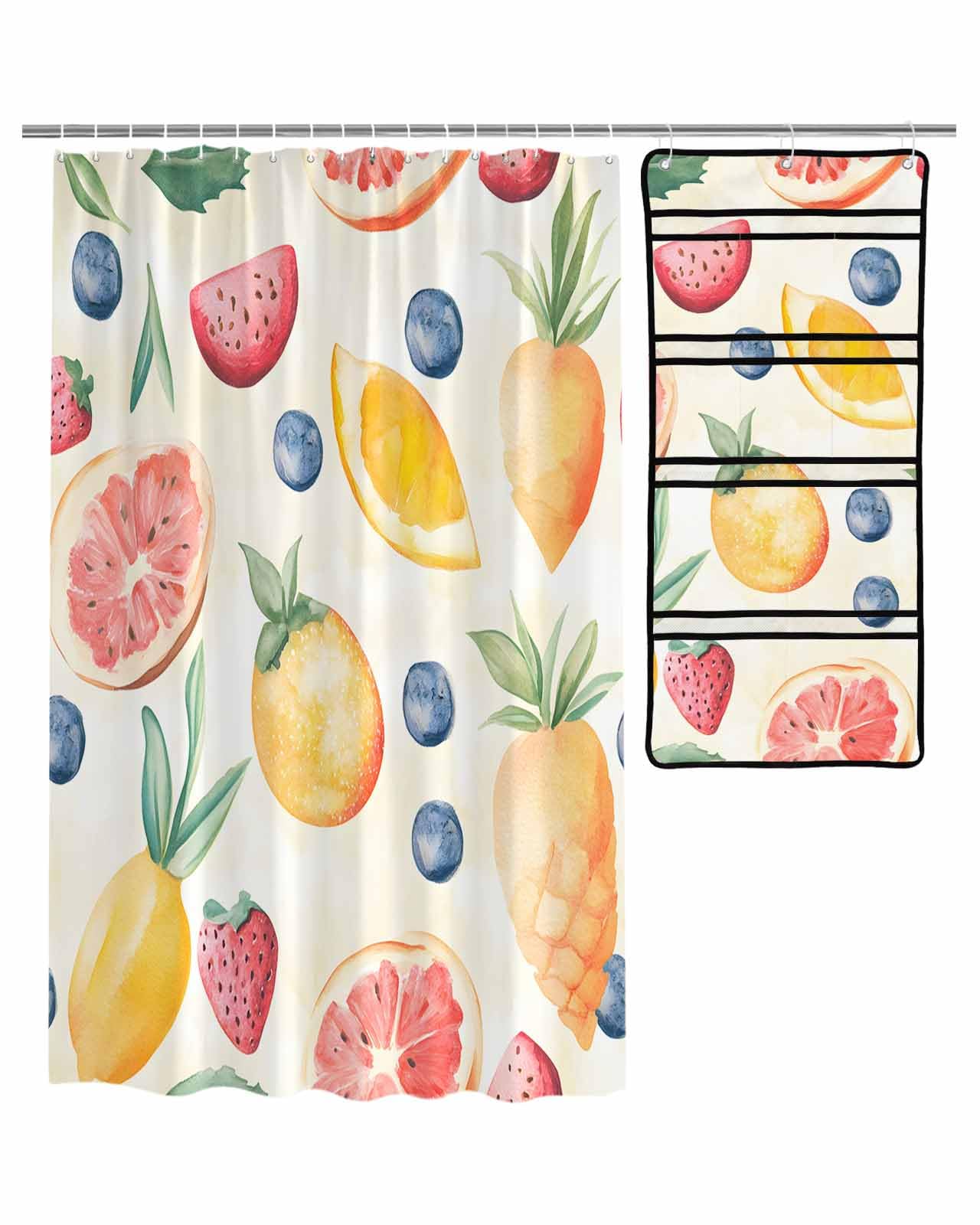 ZFUNCING Shower Curtain Mesh Shower Organizer Set Watercolor Orange Blueberry Strawberry Waterproof Bath Curtains Hanging Shower Caddy Bathroom