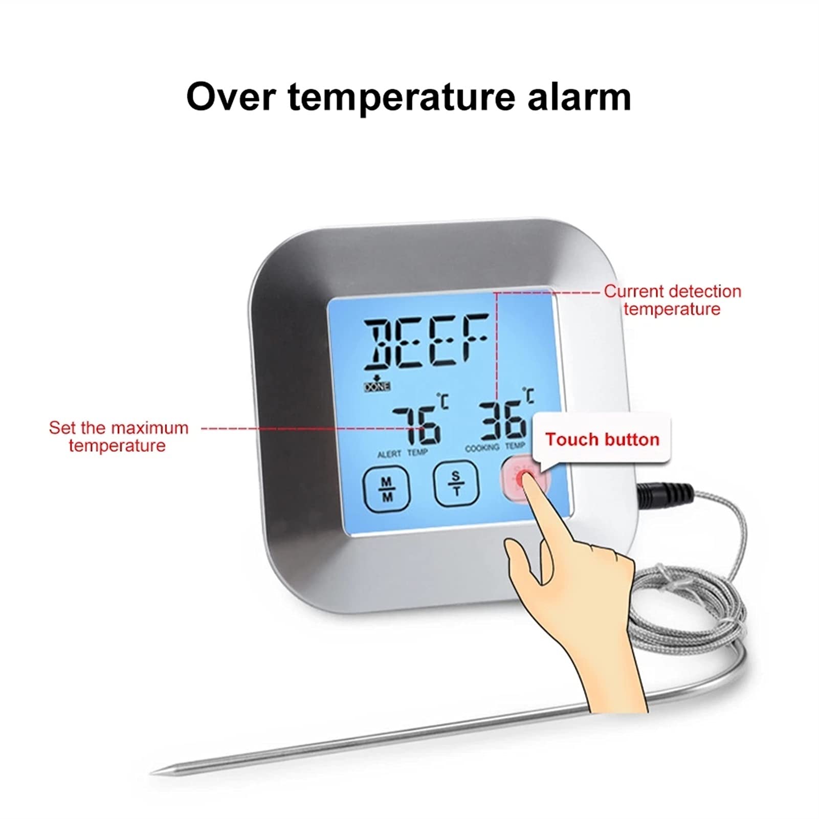 Termometro di cottura, termometro del barbecue del touch controllo con la sonda dell'acciaio inossidabile del supporto del magnete retroilluminato per il fumatore Grill Forno BBQ
