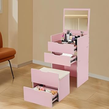 3 in 1 Vanity Desk with Flip Top Mirror and Hidden Stool Compact Vanity Set with 3 Drawers & Cushioned Stool Bedroom Vanity Cream Pink