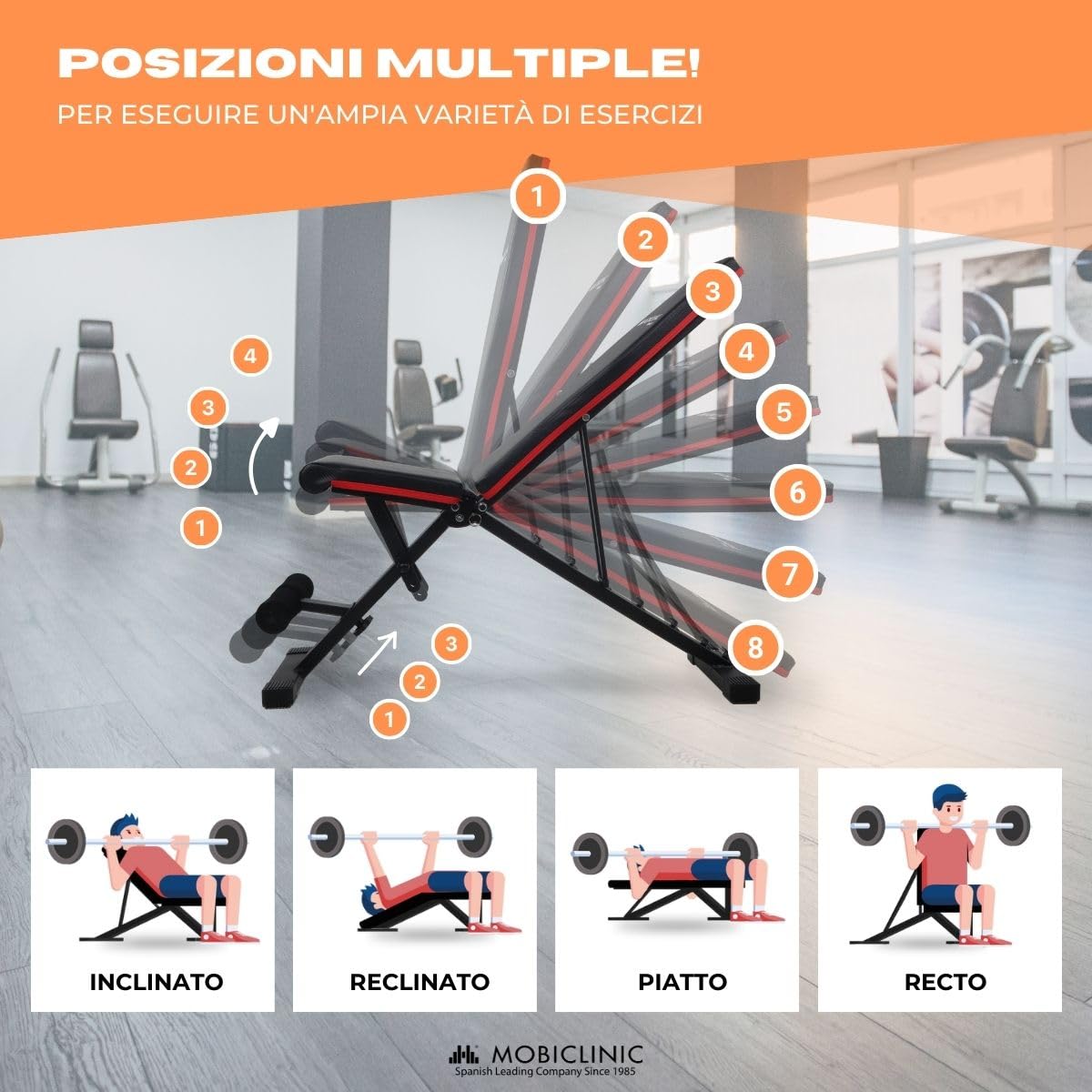 Mobiclinic® fitness, Panca per pesi, Pieghevole, Supporta 200 kg, Sedile e schienale regolabili, Flexfit, Multifunzione, Allenamento completo del corpo, Palestra domestica
