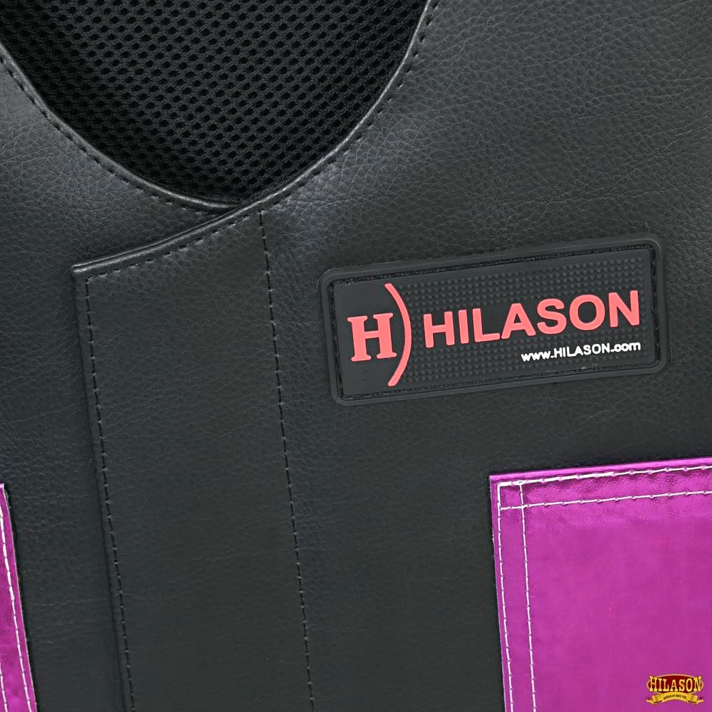 HILASON Kids Junior Youth Horse Riding Pro Rodeo Leather Protective Vest Black with Metallic Purple