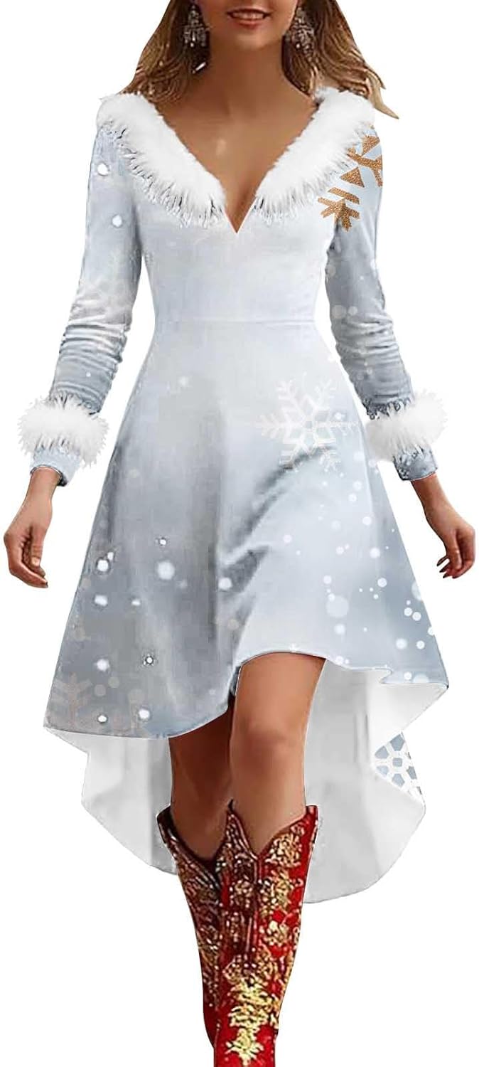 Christmas Party Dresses for Women Vintage Fur Trim V-Neck Long Sleeve Xmas Holiday Cocktail Flowy High-Low Midi Dress