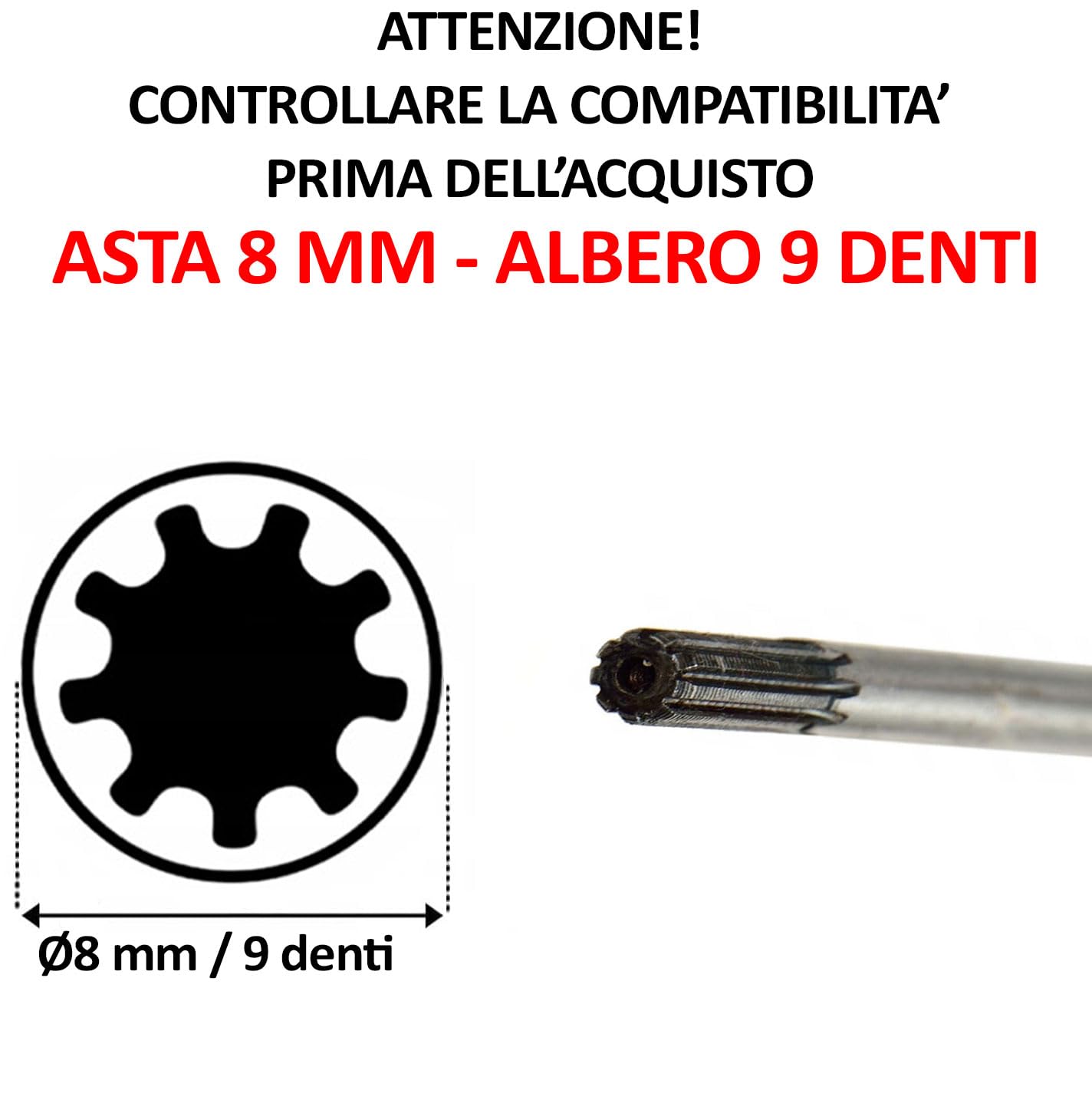 Barre d'entraînement pour débroussailleuse - Longueur totale : 153 cm - Diamètre : 8 mm - 9 dents - Acier trempé - Pièce de rechange
