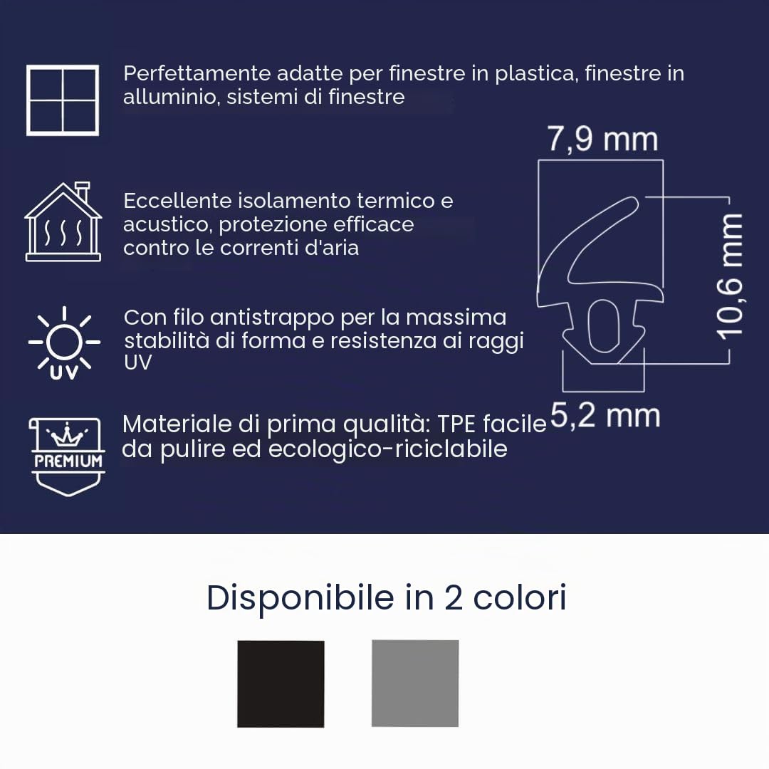 Guarnizione di arresto per sistema di finestre, guarnizione per vetri per esterni ed interni, finestra in plastica e alluminio, 5 m, colore: grigio