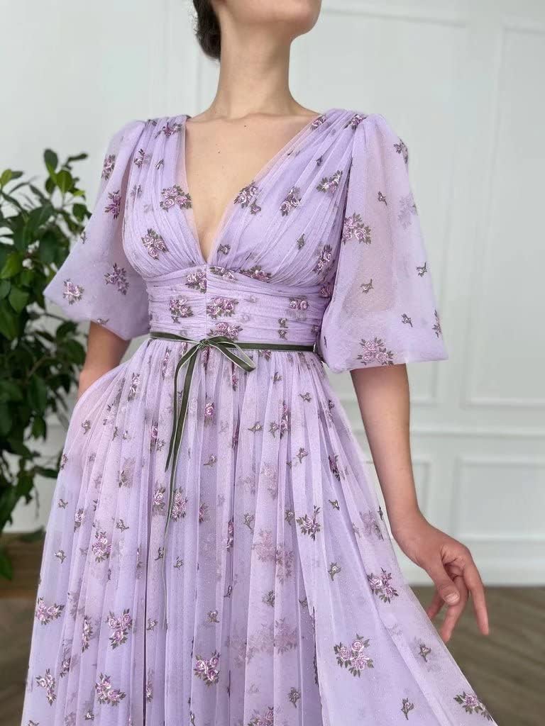 Xijun Puffy Sleeve Prom Dresses Flower Embroidery Tulle V Neck Tea Length Formal Evening Party Gowns with Pockets