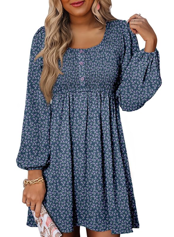 Image of Dokotoo Fall Dresses for Women 2026 Casual Long Sleeve Mini Dress | Smocked Crewneck, Button Up, Empire Waist, A-Line Hem, Solid Color, Floral Pattern