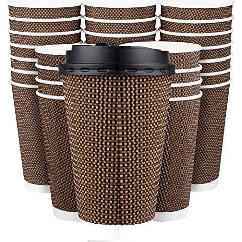 Promora Brown Disposable Coffee Cups With Lids 16 oz, Premium Insulated Paper Ripple Cups for Hot Coffee, Paper Cups 16 oz Coffee Cups 16 oz, Hot Cups With Lids 16 oz, Paper Coffee Cup (80 Pack) Cover