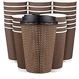 Promora 16 oz Disposable Brown Coffee Cups with Lids, Premium Insulated Paper Ripple Cups for Hot Coffee (80 Pack)