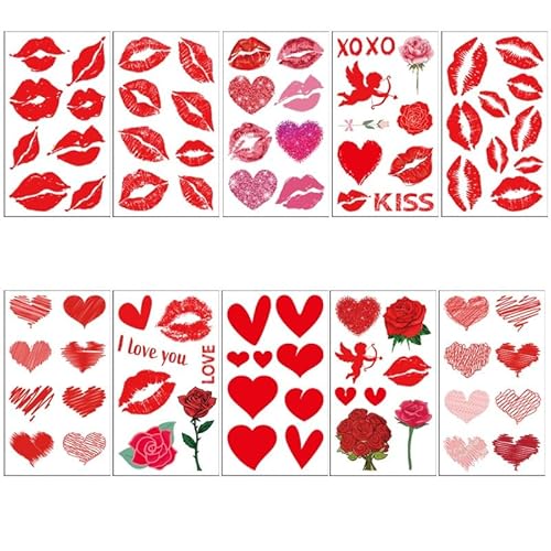 Adesivi Viso a Forma di Cuore - 10 Tatuaggi Temporanei per Carnevale Con Sticker Labbra Rosse Glitterate - Ideali per Halloween, Feste a Tema e Eventi (Confezione da 10 Pezzi)